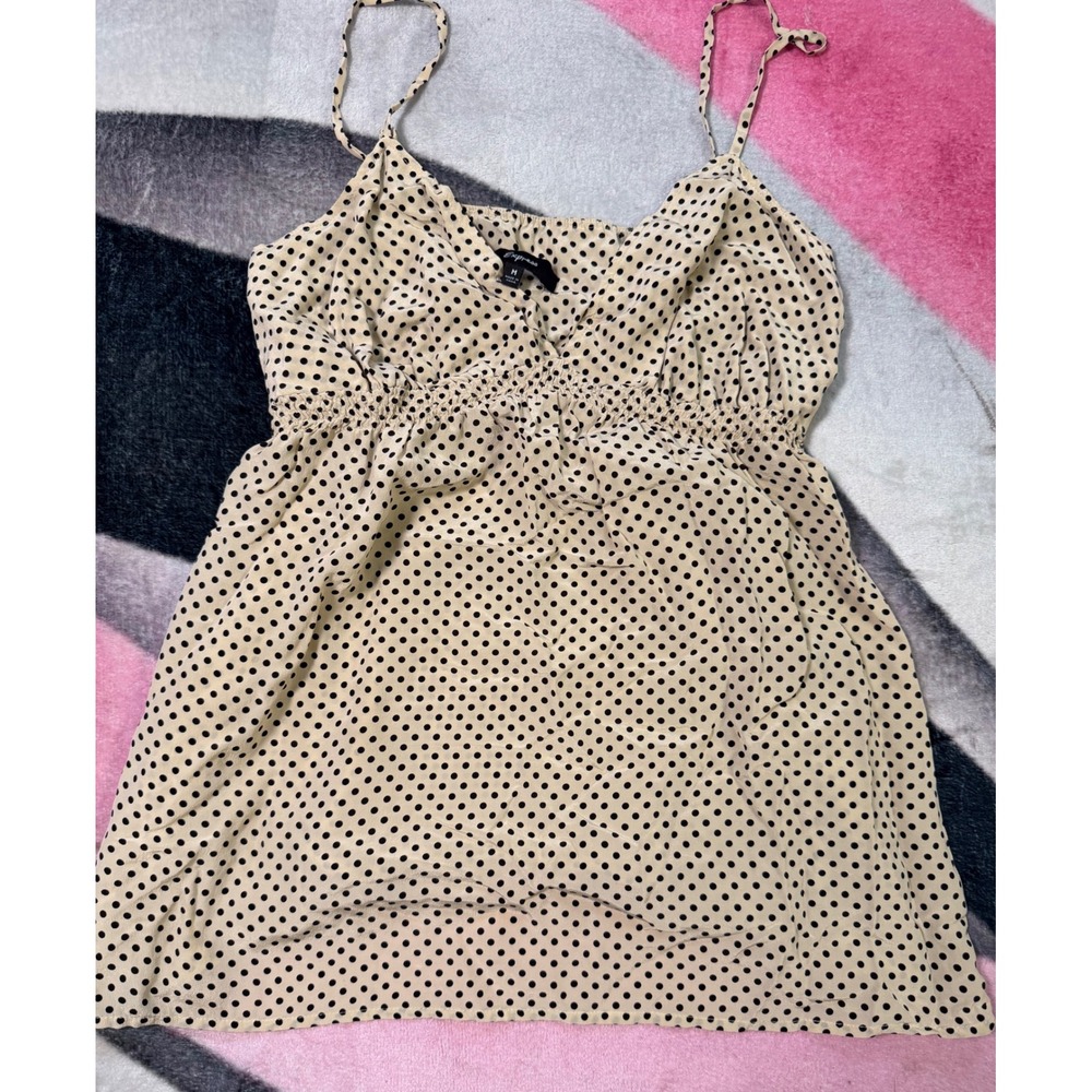 Express 100% Silk Polka Dot Camisole Top Tan Black Smocked Empire Waist Medium